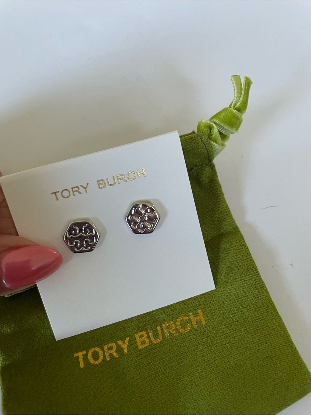 Tory Burch Silver Hexagon Logo Stud Earrings